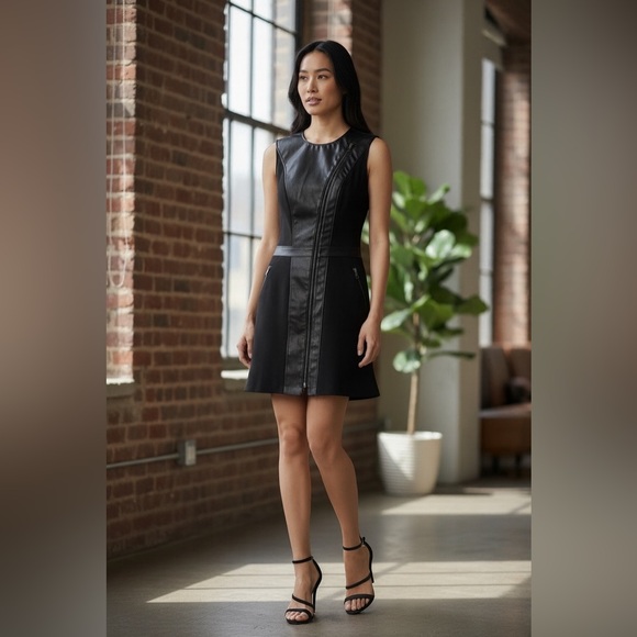 Kathy Heyndels Black Faux Leather Moto A-Line Dress Size 3 (US Medium) - Picture 7 of 10